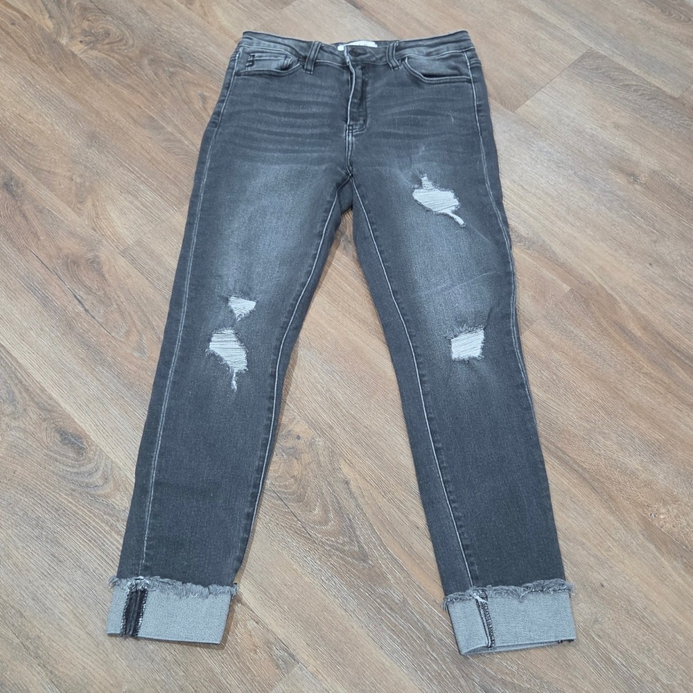 Kancan Distressed Cuffed Skinny Jeans Faded Black KC7299DG Size 11/29